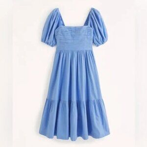 Abercrombie Emerson Poplin Puff Sleeve Blue Midi Dress - Large Petite